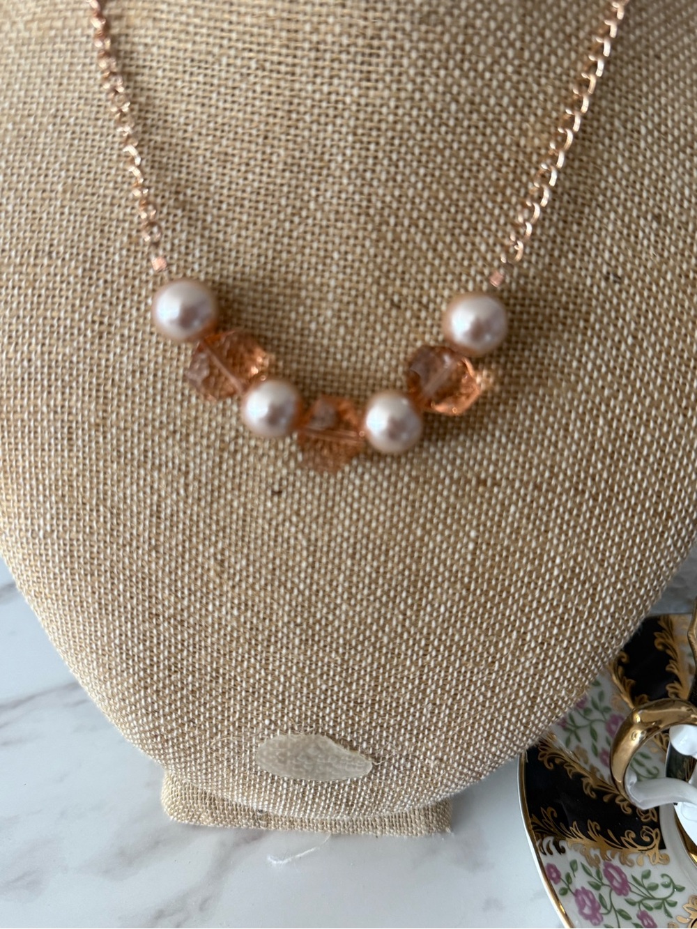 Rose Gold Pearl and Peach Crystal Necklace